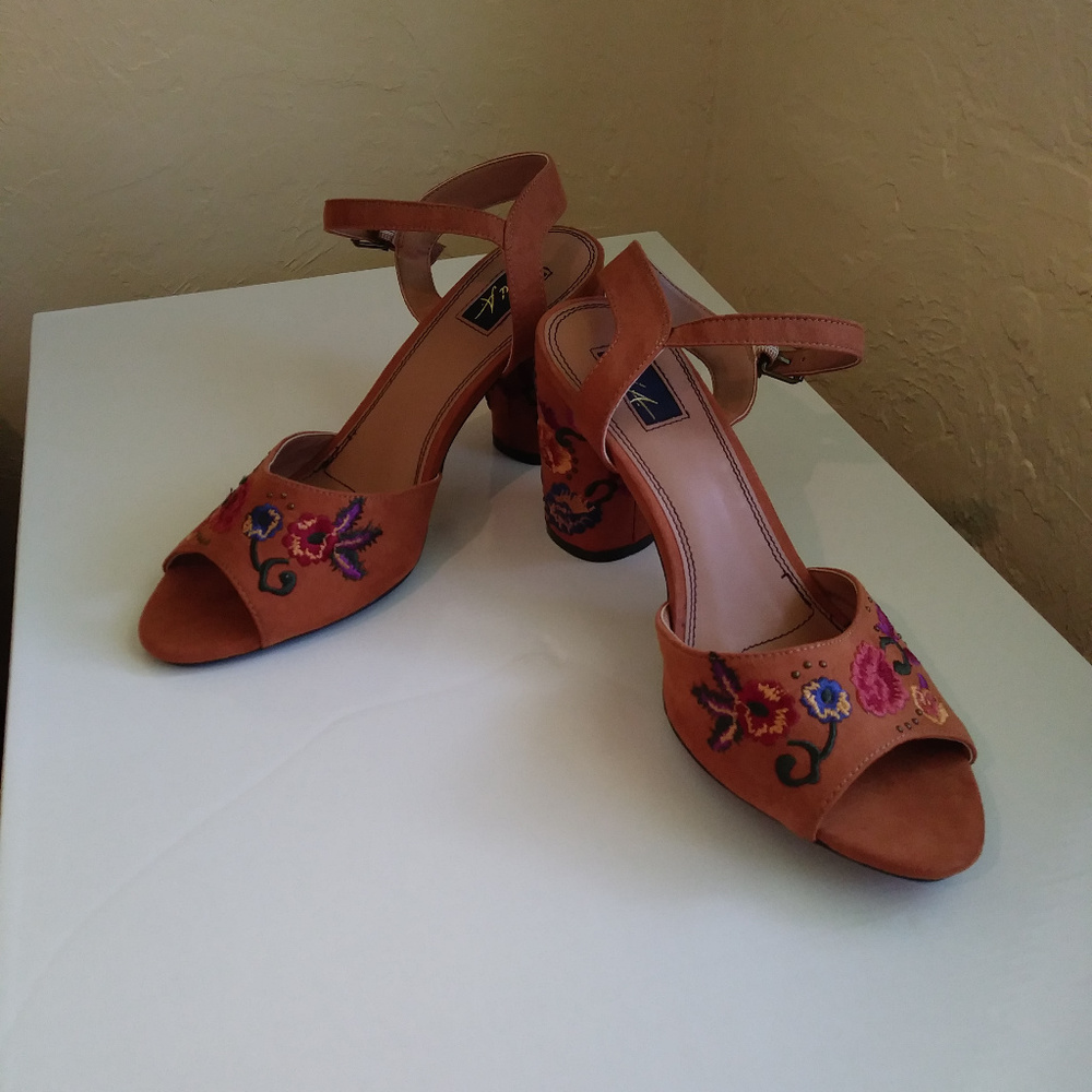 Mari A. "Wesley" Embroidered Faux Suede Heels